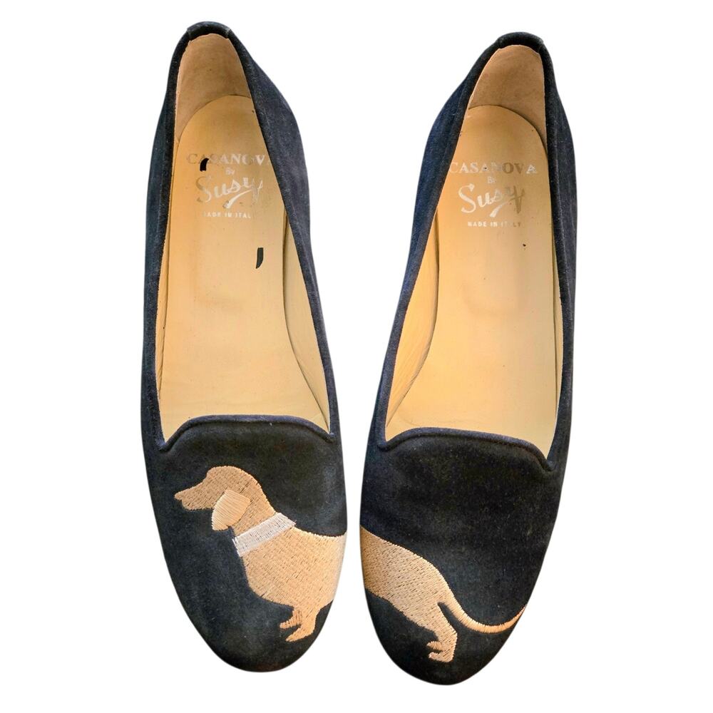 Embroidered Dog Loafers Susy Dachshund Navy Gold Suede Italy 38.5 Preppy Puppy